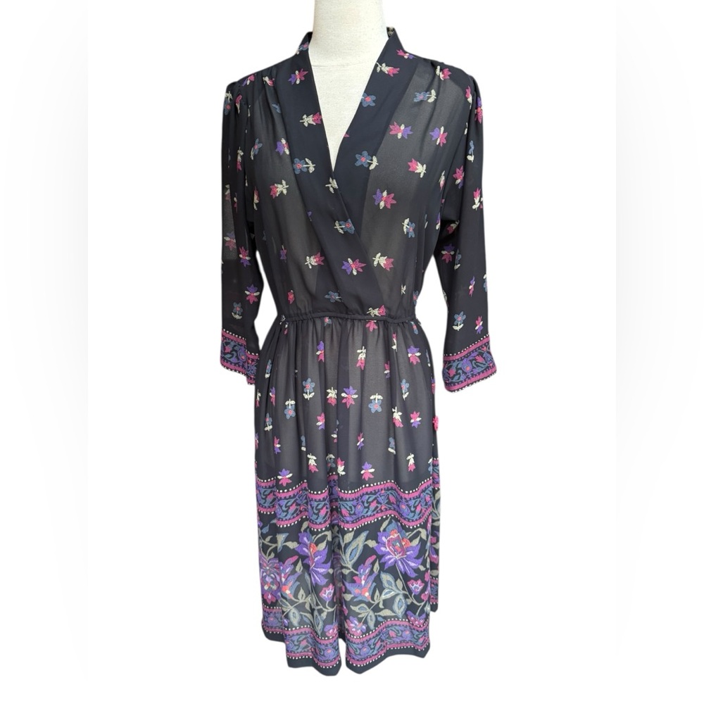 Deadstock 1970s‎ Leslie Fay Floral, Semi-Sheer Wrap Style Bodice Dress